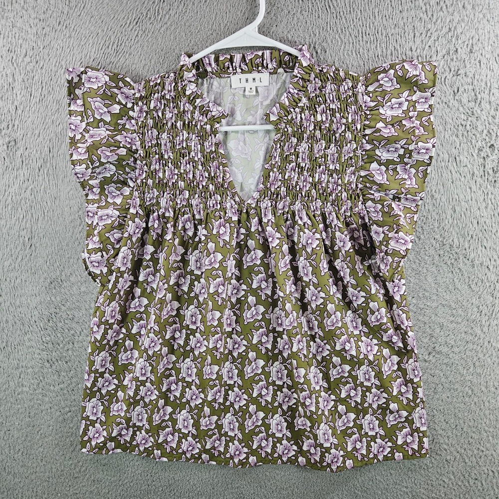 THML Women Olive Green Purple Floral Smocked Ruffle Flutter Sleeve Top M